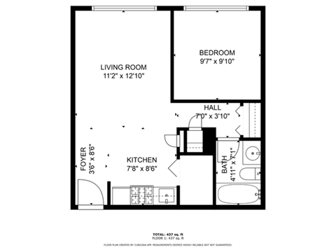 A black and white image of a floor plan for a small apartment.